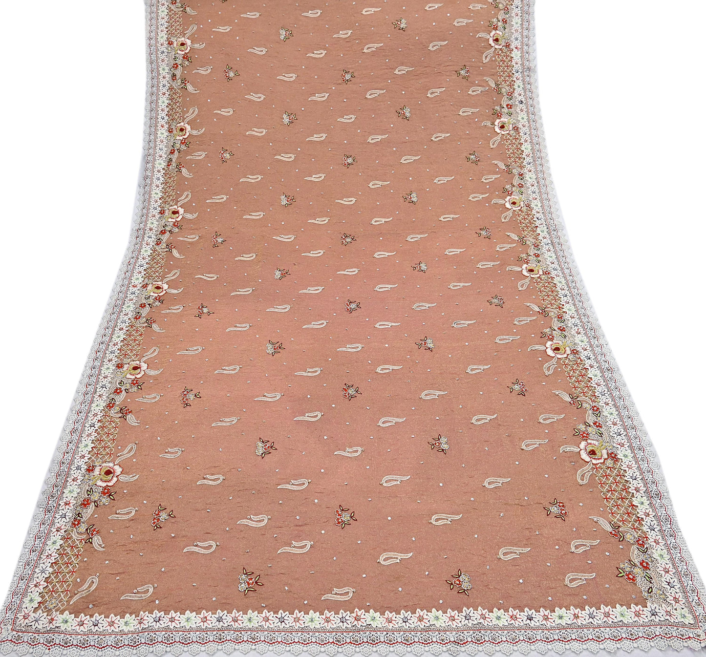 Indian Vintage Heavy Dupatta Golden Peach Pure Georgette Silk Long Stole Hand Embroidered Scarf Zardozi/Dabka Zari Wedding/Party Dupatta
