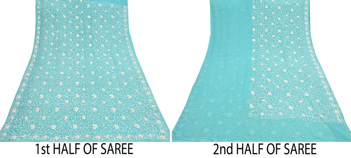 Indian Vintage Heavy Sari Sage Green Pure Georgette Silk Hand Beaded Sarees Craft Fabric 6Yd Sewing Soft Ethnic Wedding Sarees Dress making