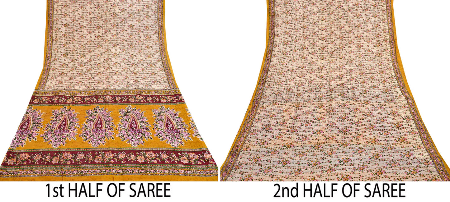 Indian Vintage Sari Ivory & Mustard Printed Pure Silk Sarees 6yd Sewing Craft Fabric DressMaking Soft Wrap Upcycle Quilting Crafting Used