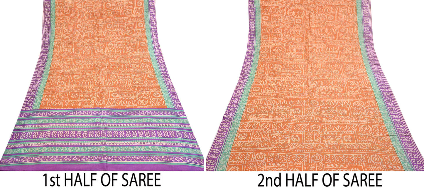 Indian Vintage Sari Orange & Purple Pure Silk warli Printed Saree 5yd Sewing Paisley Craft Fabric DressMaking Soft Used Upcycled