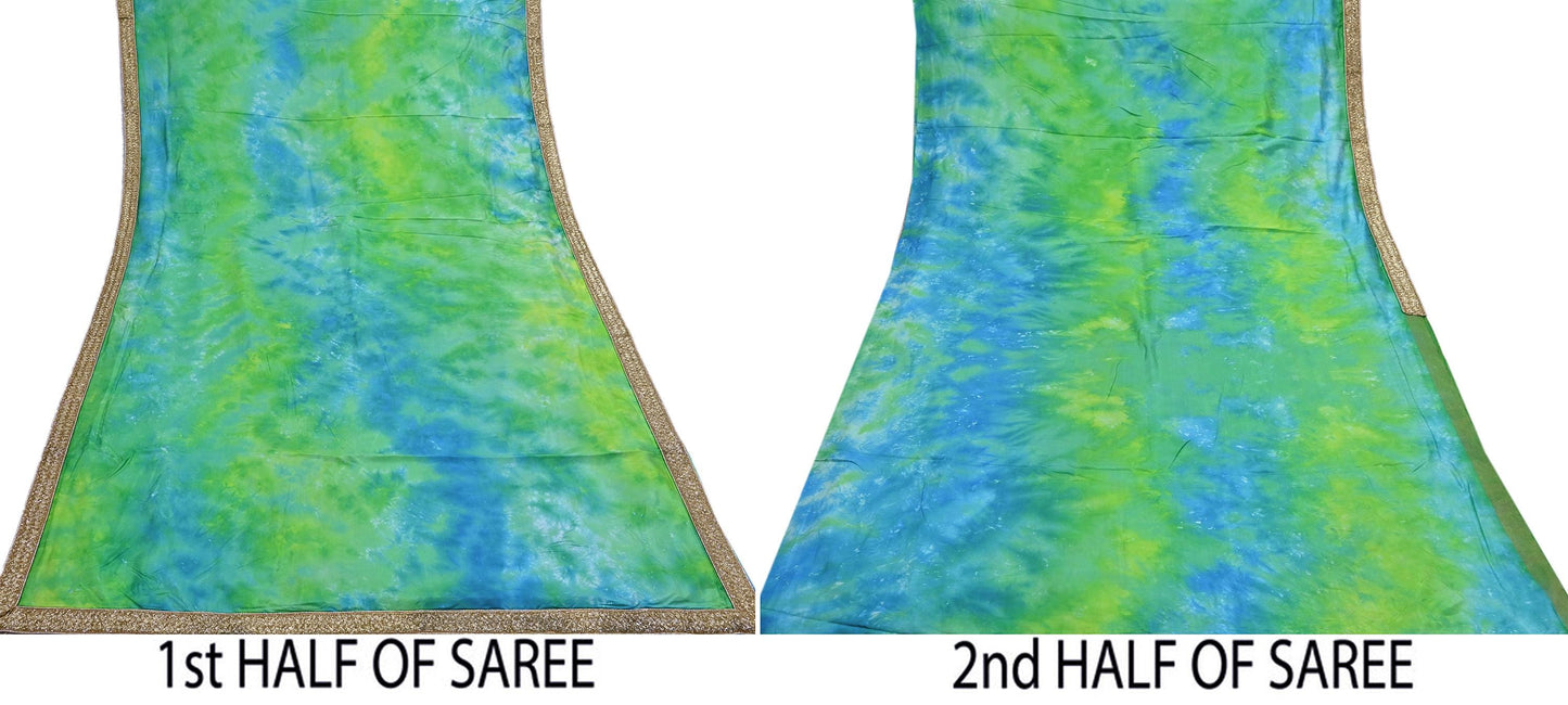 Rare Vintage Green & Blue Pure Silk Saree Hand Embroidered Tie dye Fabric 6 Yards Sari Bollywood Party Wear Ethnic Designer Saree