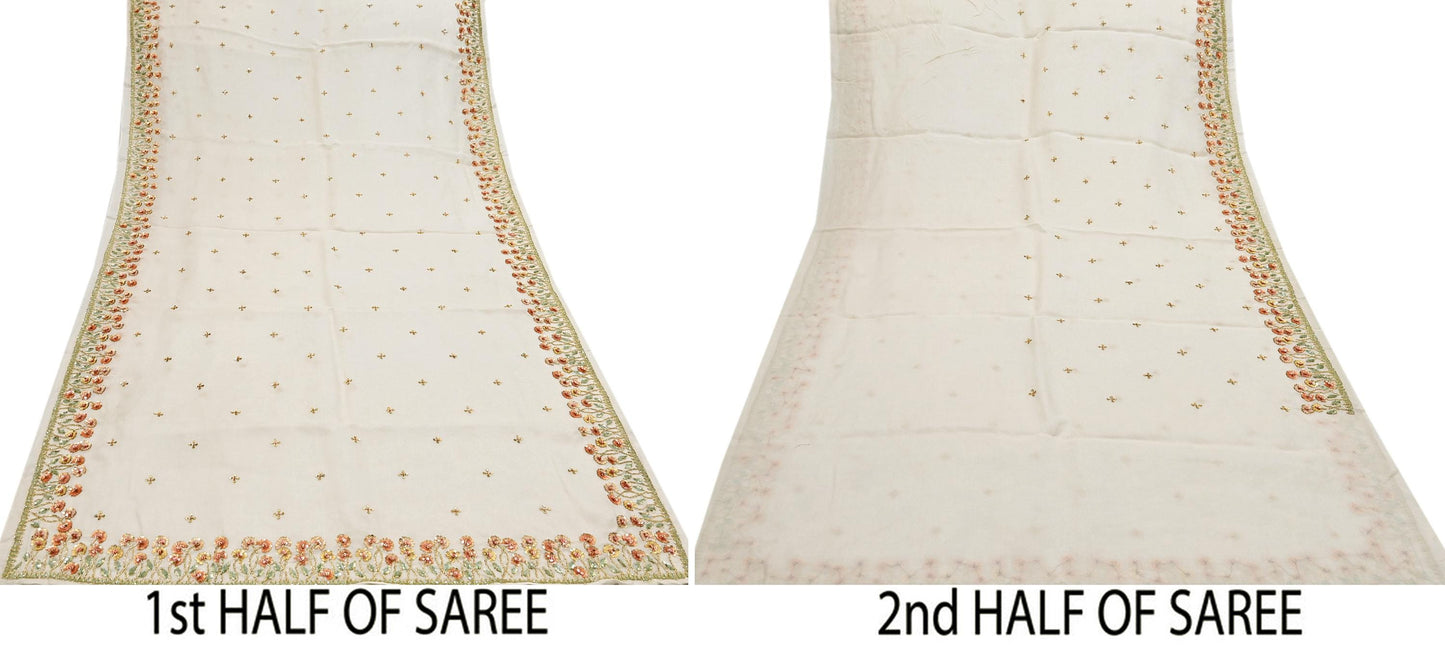 Rare Vintage Ivory Pure Organza Silk Saree Zardozi Hand Embroidered Designer Abu Jani Sari 5.5 Yard Bollywood Party Wear