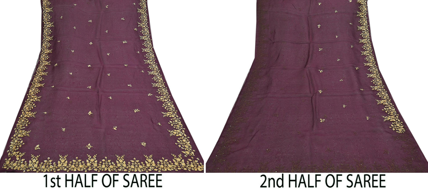 Rare Vintage Purple Pure Organza Silk Saree Zardozi Hand Embroidered Designer Sari 5.5 Yard Bollywood Party Wear