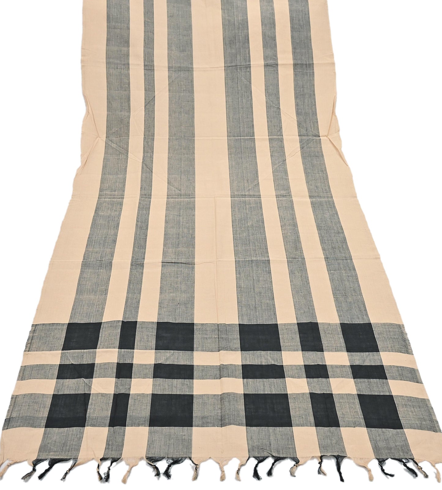 Indian Vintage Beige & Black Dupatta Long Stole Woven Pure Cotton Scarves Veil Scarf Soft Fringes Boho