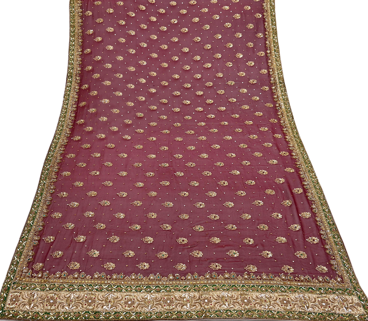 Indian Vintage Heavy Luxury Maroon Pure Georgette Silk Hand Embroidered Dupatta Designer By Anamika Khanna Bridal Wear Dabka Veil Hijab
