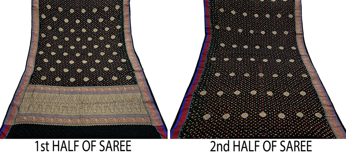 Indian Vintage Sari Black Pure Georgette silk Hand Woven Bandhani Sarees Ethnic Zari Wedding Saree