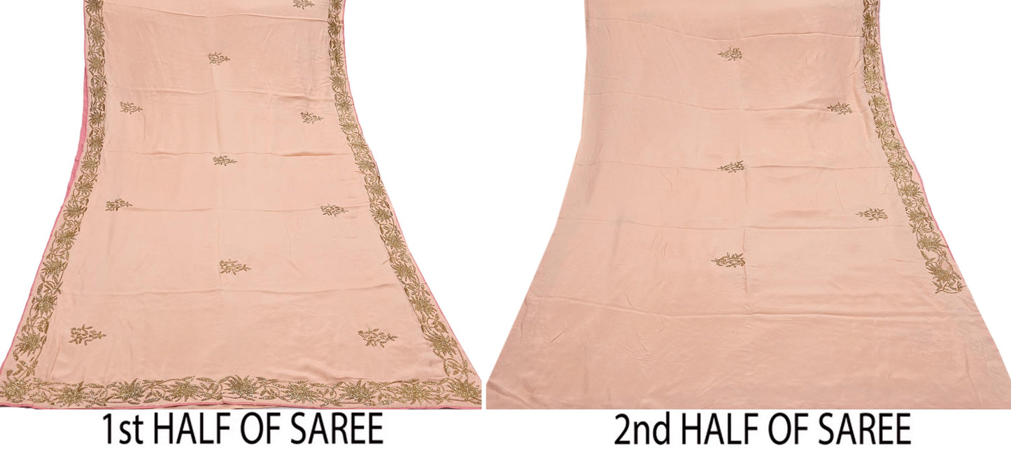 Rare Vintage Peach Pure Silk Saree Hand Embroidered Fabric 5.5 Yards Sari Bollywood Party Wear Ethnic Designer Saree