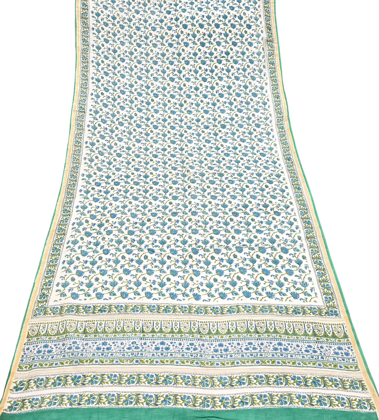 Indian Vintage Dupatta Green Dupatta Long Stole Block Print Pure Chanderi Silk Scarves Veil Golden Zari