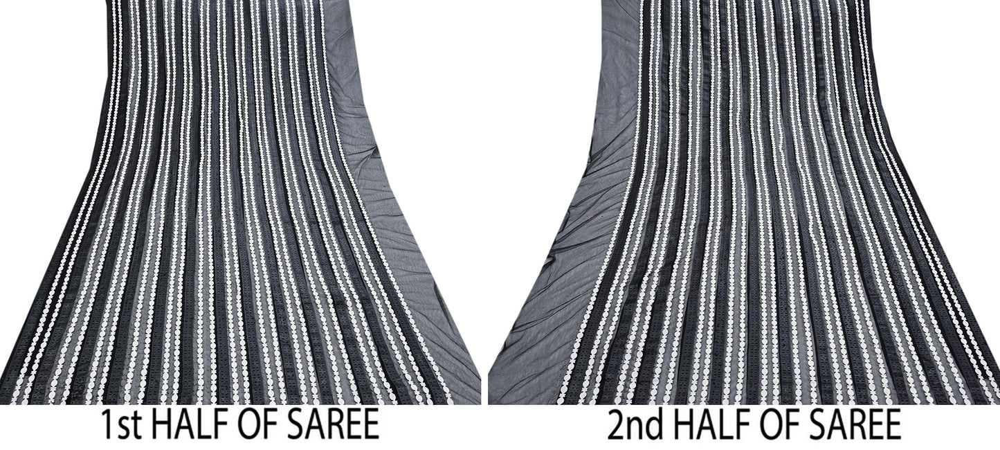 Indian Vintage Black Saree Net/Mesh Embroidered Sari Craft Fabric Floral 5Yd Zari Ethnic