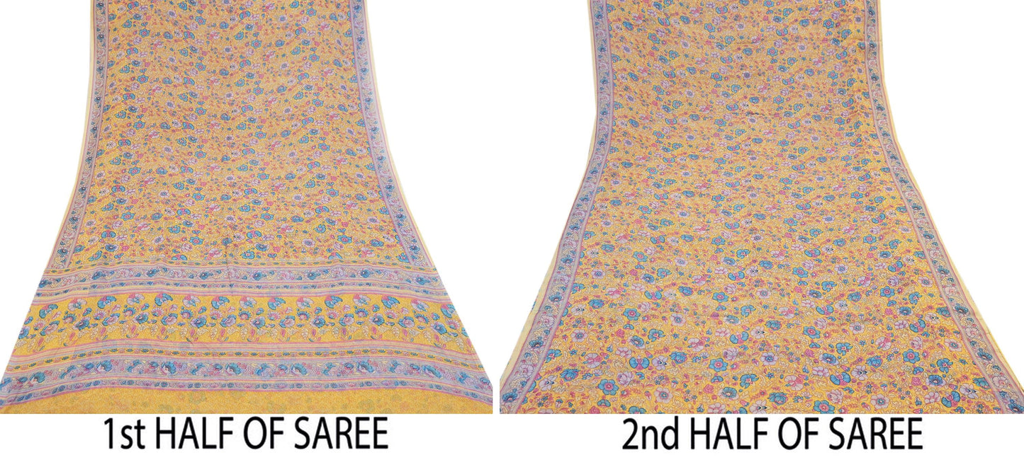 Indian Vintage Sari Yellow 100% Pure Georgette Silk Block Printed Sarees Sewing 5yd Craft Soft Dress Designing for Crafting Abstract