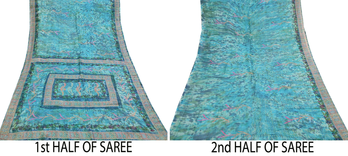 Indian Vintage Sari Blue & Turquoise Printed Sari Pure Silk Sarees 5yd Craft Fabric Sewing Soft Floral Wrap Upcycle Quilting Dress Designing