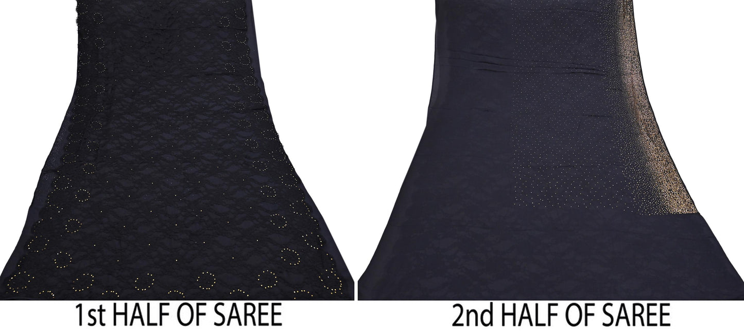 Rare Vintage Black Net Pure Satin Silk Saree Hand Embroidered Fabric 5 Yards Sari Bollywood Party Wear Ethnic Designer Saree