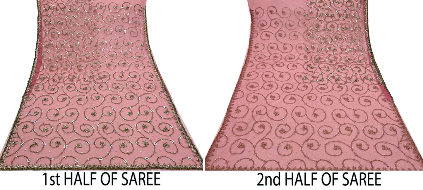 Indian Vintage Heavy Sari Peach Net/Mesh Embroidered Sarees Fabric 6Yd Sewing Soft Floral Craft Fabric Dress making Crafting Bollywood sari