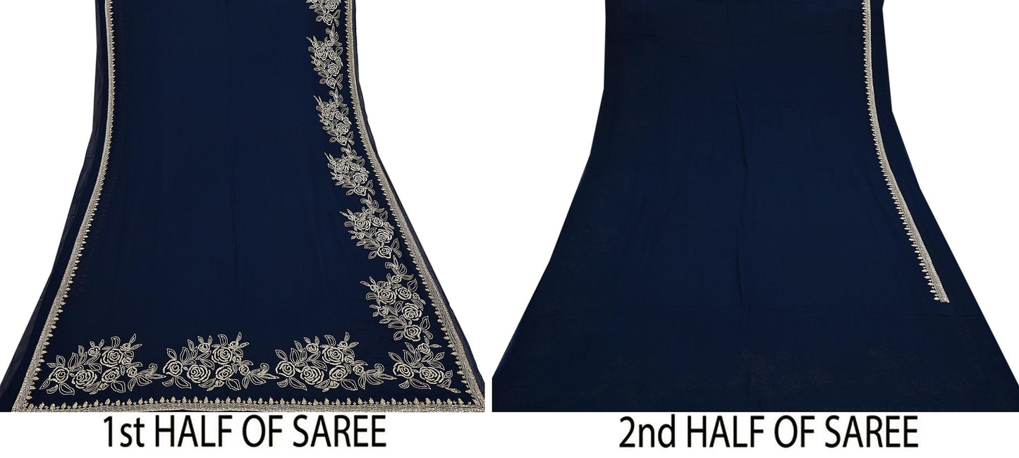 Rare Vintage Deep Blue Blend Georgette Saree Hand Embroidered Fabric 6 Yard Sari Bollywood Party Wear Ethnic Designer Saree