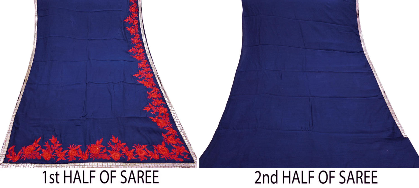 Indian Rare Vintage Zardozi Sarees Deep Blue Pure Silk Hand Embroidered Sari Fabric 5.5 Yards Sewing Ethnic Mirror