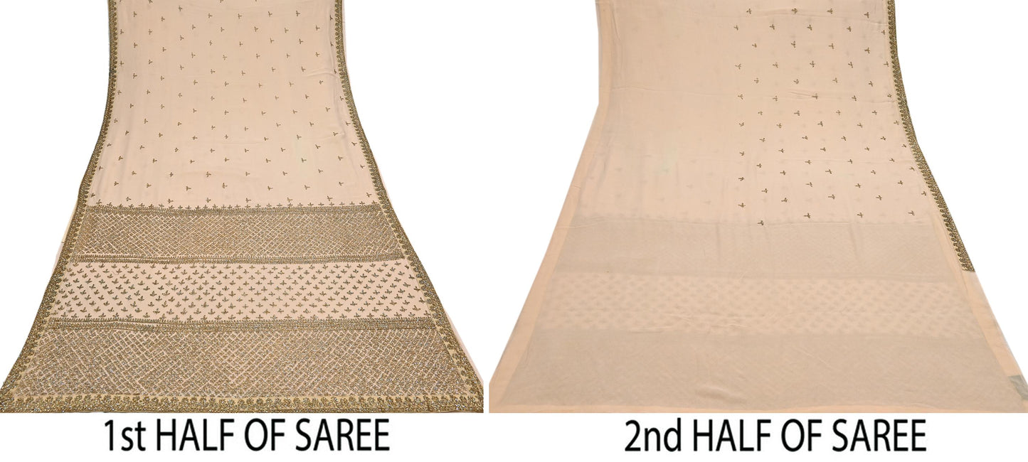 Rare Vintage Beige Pure Georgette Silk Saree Hand Embroidered Designer Sabyasachi Sari 6 Yard Bollywood Party Wear with Blouse Fabric