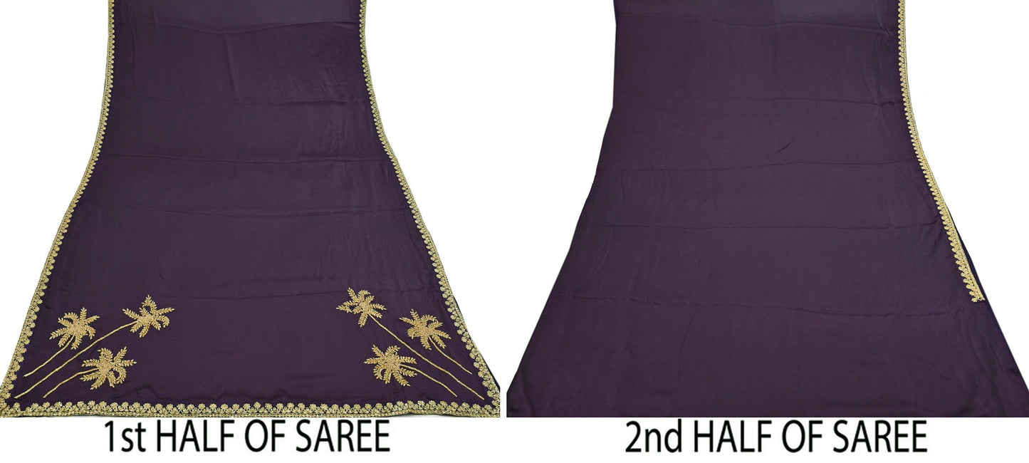 Rare Vintage Purple Pure Satin Silk Saree Hand Embroidered Fabric 6 Yards Sari Bollywood Party Wear Ethnic Designer Saree