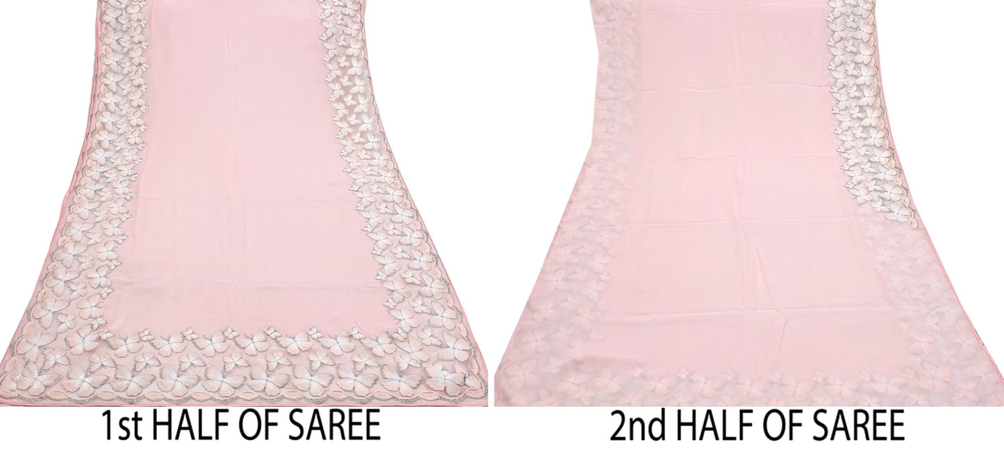 Rare Vintage Pink Blend Georgette Saree Hand Embroidered Fabric 6 Yard Sari Bollywood Party Wear Ethnic Saree with Blouse Fabric
