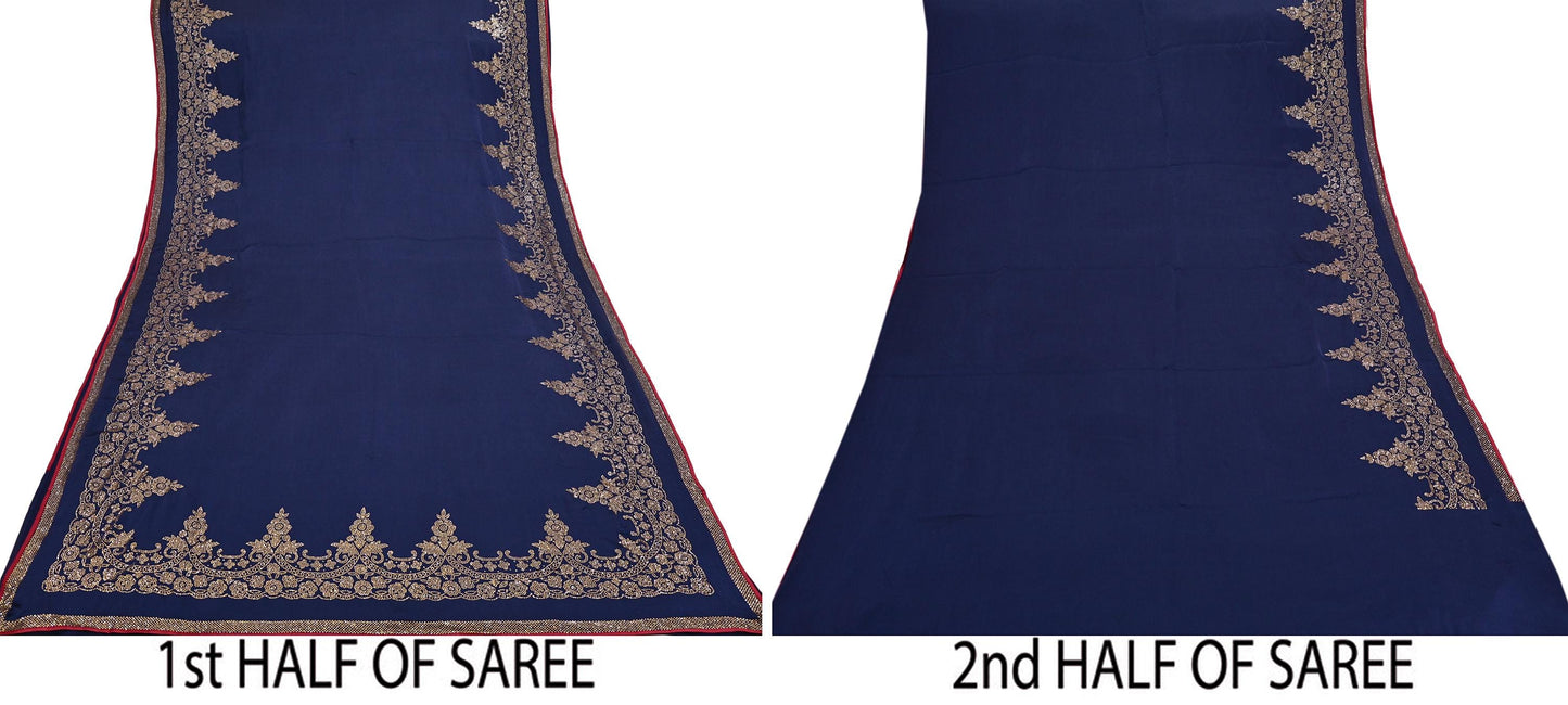 Rare Vintage Blue Pure Satin Silk Saree Hand Embroidered Fabric 6 Yards Sari Bollywood Party Wear Ethnic Saree with padded Blouse size 38"