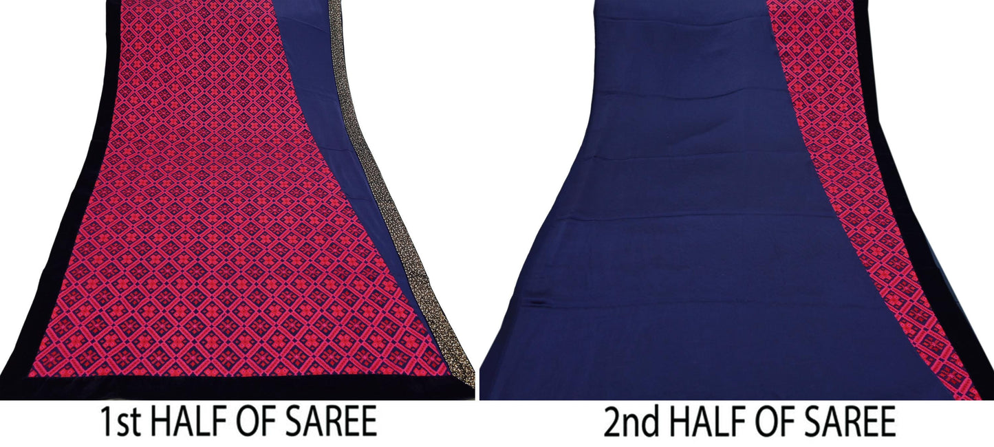 Rare Vintage Blue Georgette & Satin Silk Saree Embroidered Fabric 6 Yard Sari Bollywood Party Wear Designer Saree with blouse fabric
