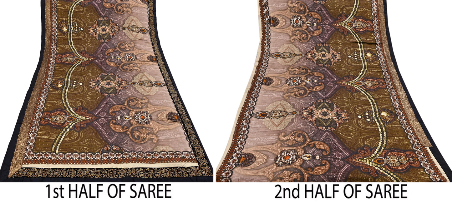Rare Vintage Brown Pure Satin Silk Saree Embroidered Versace print Fabric 6 Yard Sari Bollywood Party Wear Designer Saree with blouse fabric