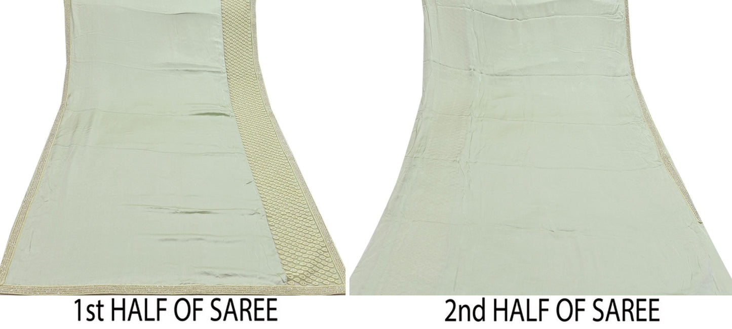 Rare Vintage Green Pure Satin Silk Saree Hand Embroidered Fabric 5.5 Yards Sari Bollywood Party Wear Ethnic Designer Saree
