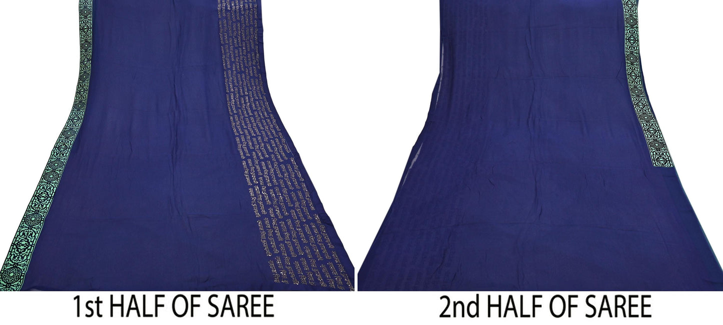 Rare Vintage Sea Blue Pure Chiffon Silk Saree Hand Embroidered Fabric 6 Yards Sari Bollywood Party Wear Ethnic saree With Blouse Fabric