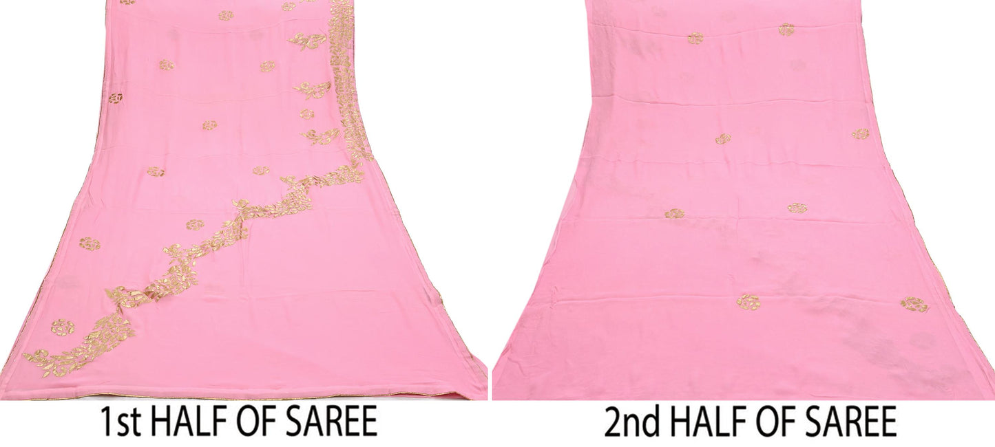 Rare Vintage Pink Pure Chiffon Silk Saree Hand Embroidered Fabric 6 Yards Sari Bollywood Party Wear Ethnic saree
