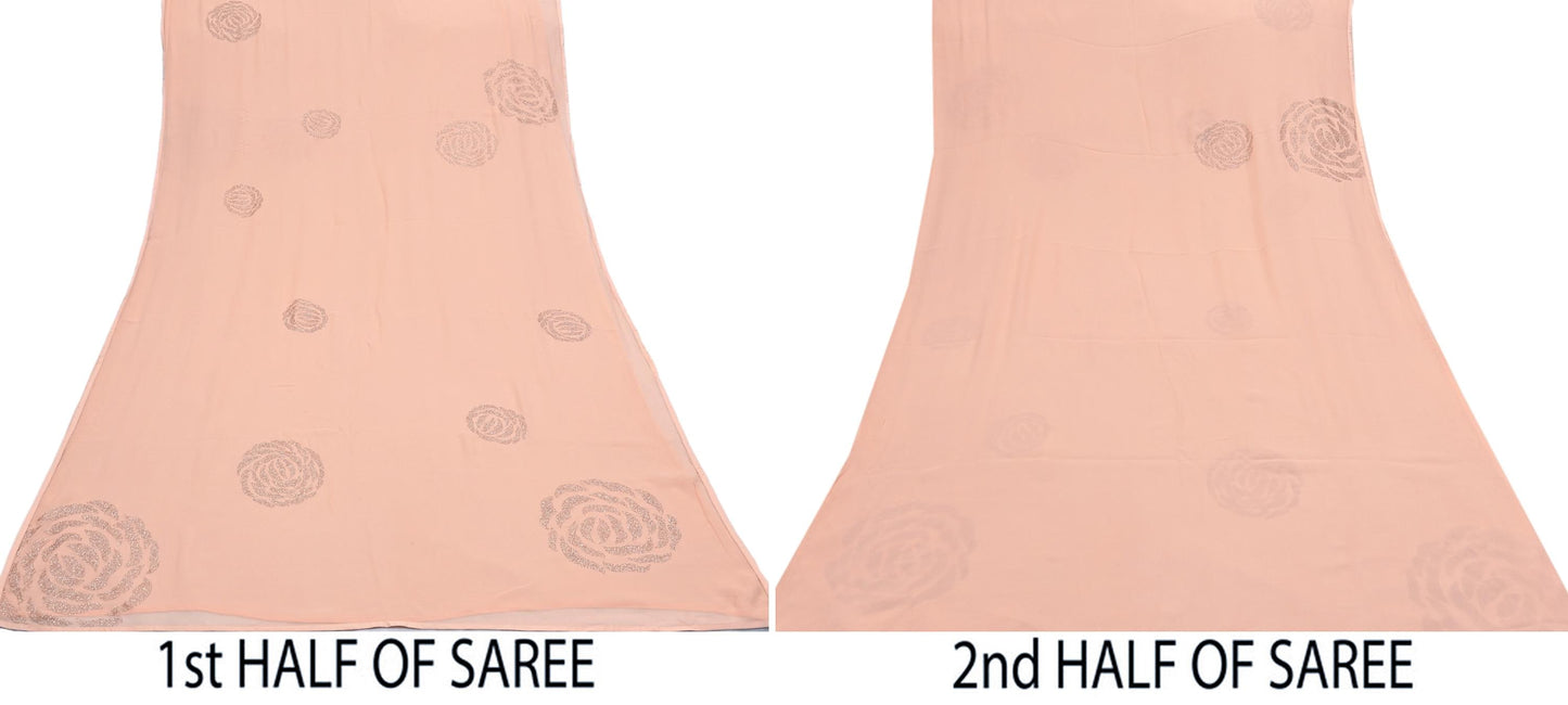 Rare Vintage Peach Pure Chiffon Silk Saree Hand Embroidered Fabric 6 Yards Sari Bollywood Party Wear Ethnic saree With Satin Blouse Fabric