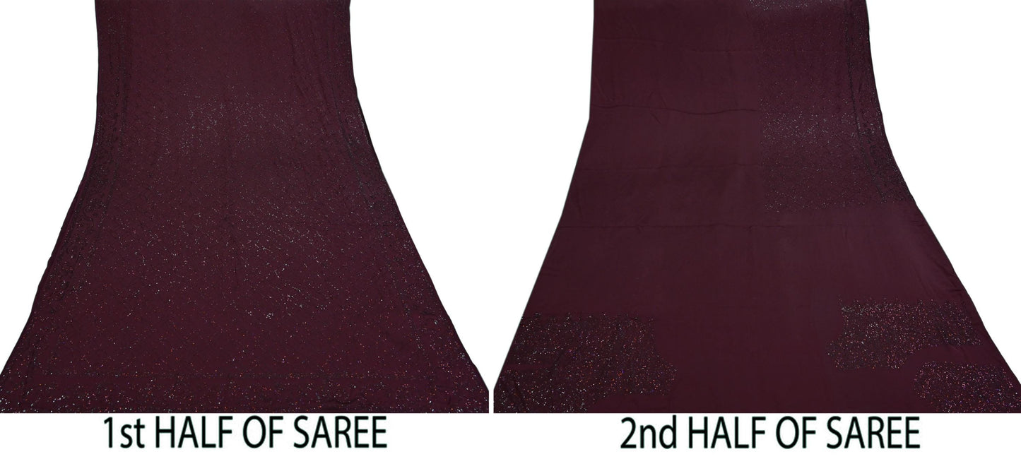 Rare Vintage Wine Pure Satin Silk Saree Hand Embroidered Fabric 5.5 Yards Sari Bollywood Party Wear Ethnic Designer Saree