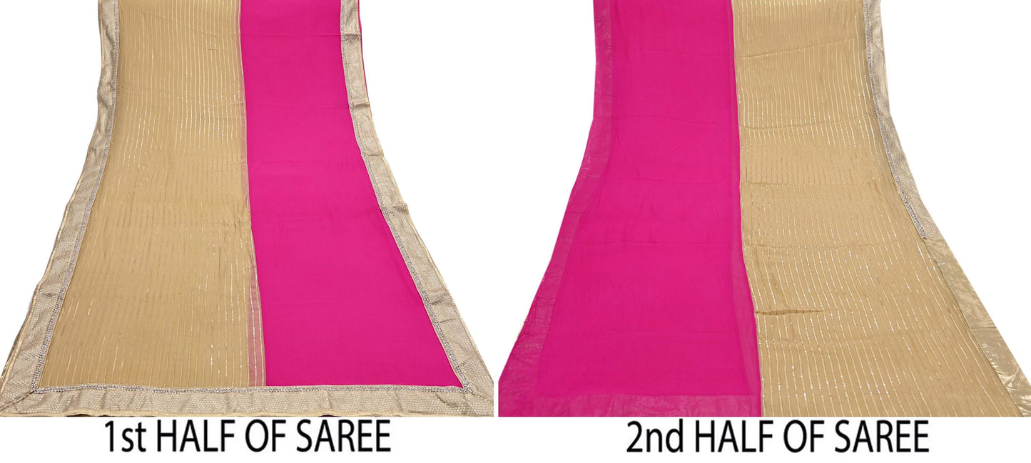 Rare Vintage Beige & Pink Blend Chiffon Saree Hand Embroidered Fabric 6 Yards Sari Bollywood Party Wear Ethnic Designer Saree