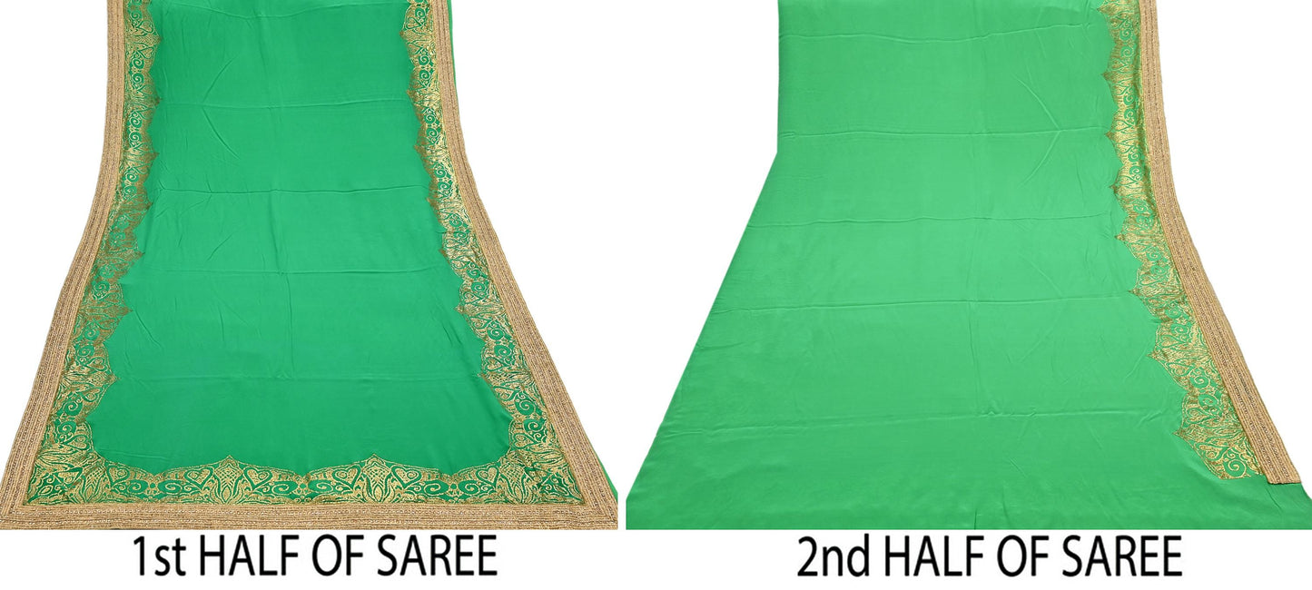 Rare Vintage Green Pure Crepe Silk Saree Embroidered Fabric 6 Yard Sari Bollywood Party Wear Saree with blouse fabric