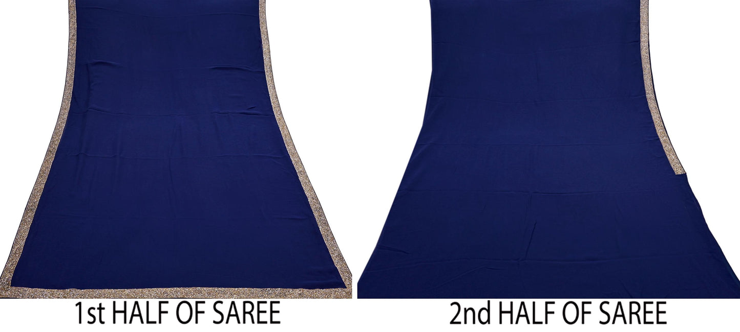 Indian Vintage Deep Blue Saree Pure Georgette Silk Hand Beaded Sari 5Yd Zari Ethnic Designer Sabyasachi Sarees Bollywood sari