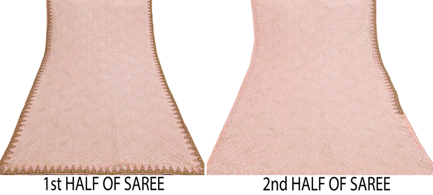 Vintage Peach Net Saree Heavy Hand Embroidery 6 Yards Soft Mesh Fabric Ideal for Crafting Wedding Wear Bollywood sarees