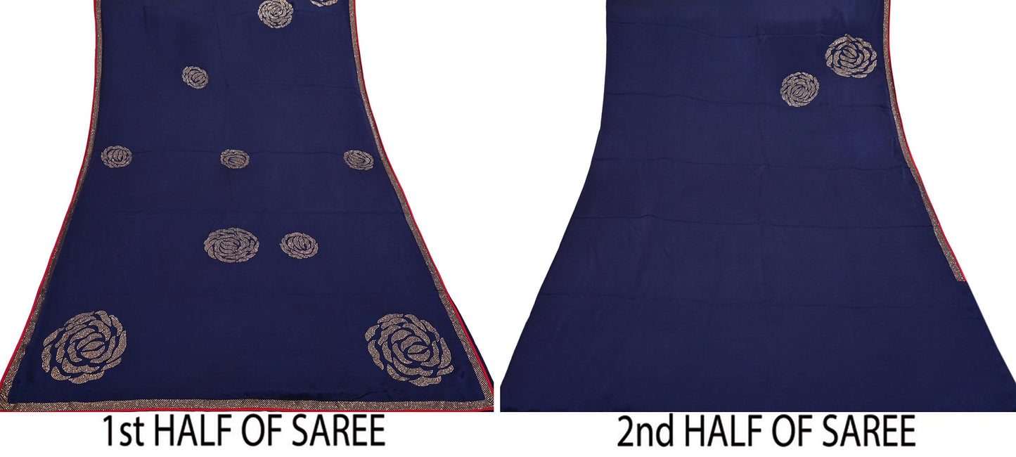 Rare Vintage Blue Pure Satin Silk Saree Hand Embroidered Fabric 6 Yards Sari Bollywood Party Wear Ethnic Designer Saree