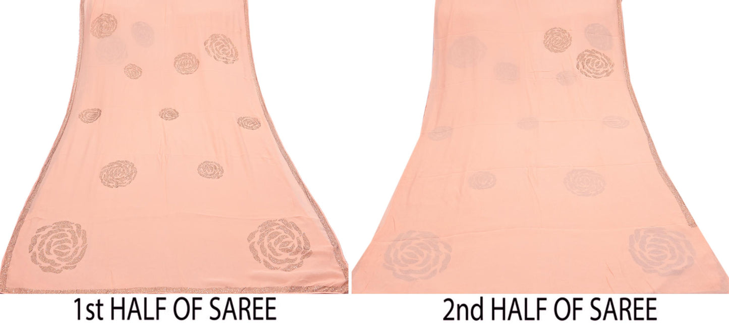 Rare Vintage Peach Pure Chiffon Silk Saree Hand Embroidered Fabric 6 Yards Sari Bollywood Party Wear Ethnic saree
