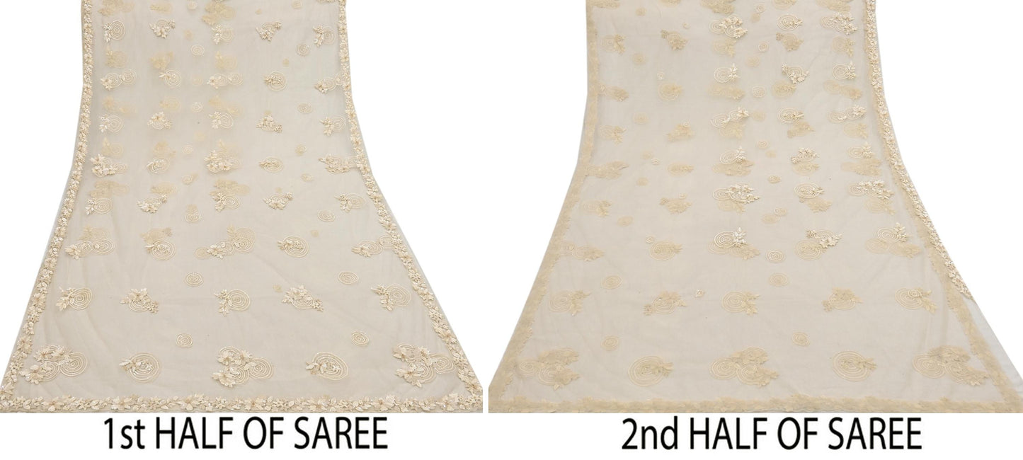 Rare Ivory Net Saree Hand Embroidered Designer Anamika Khanna Sari 6 Yard Bollywood Party Wear