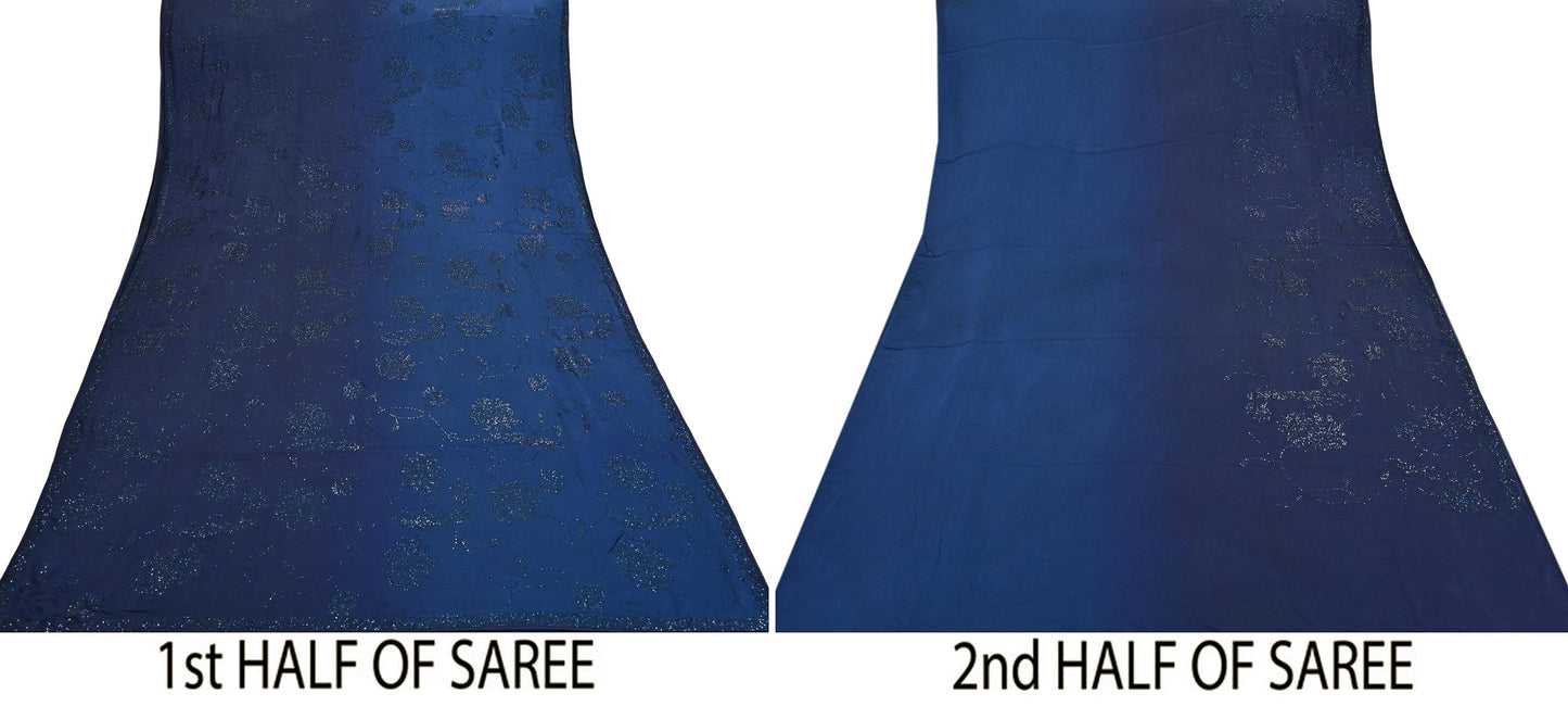 Rare Vintage Blue Pure Satin Silk Saree Hand Embroidered Fabric 5.5 Yards Sari Bollywood Party Wear Ethnic Designer Saree