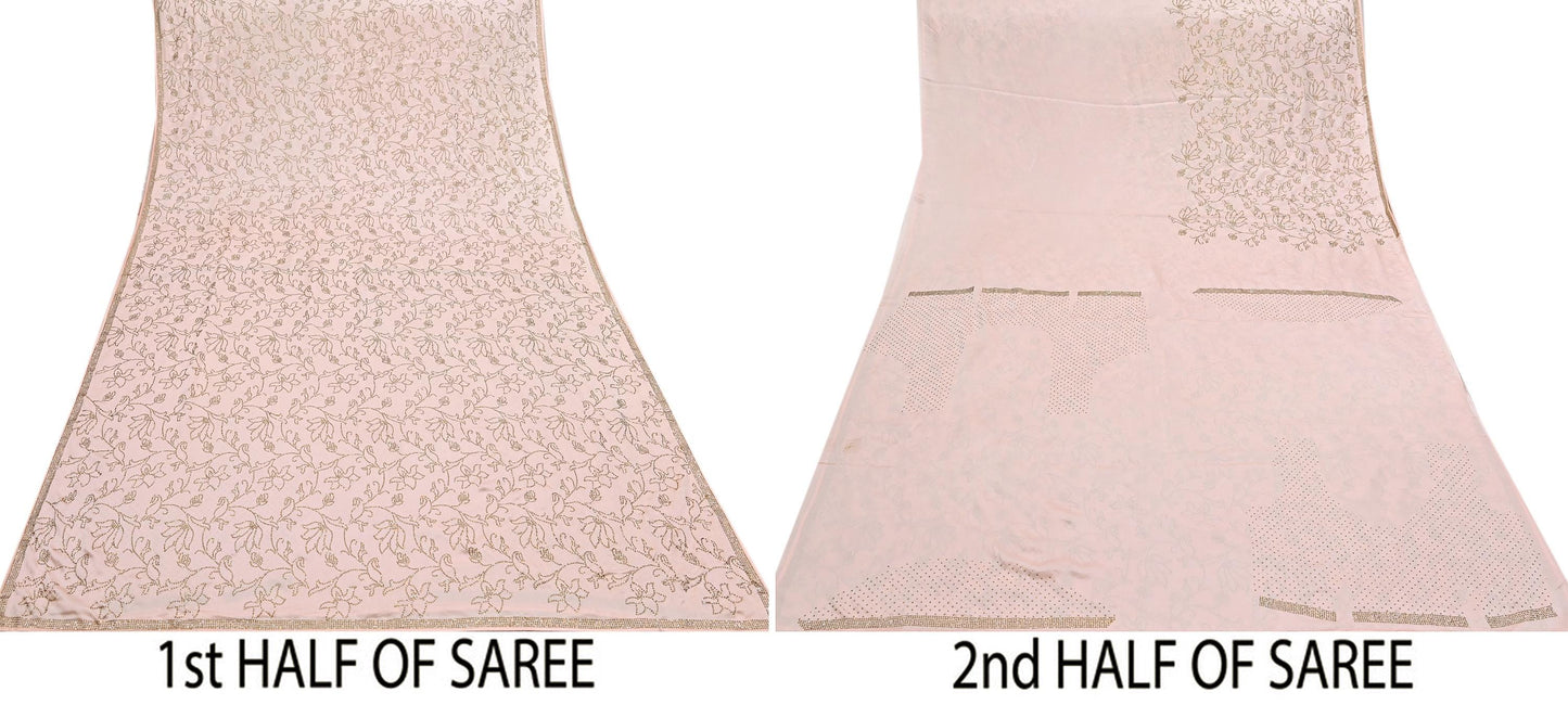 Rare Vintage Peach Pure Satin Silk Saree Hand Embroidered Fabric 5.5 Yards Sari Bollywood Party Wear Ethnic Saree with blouse fabric