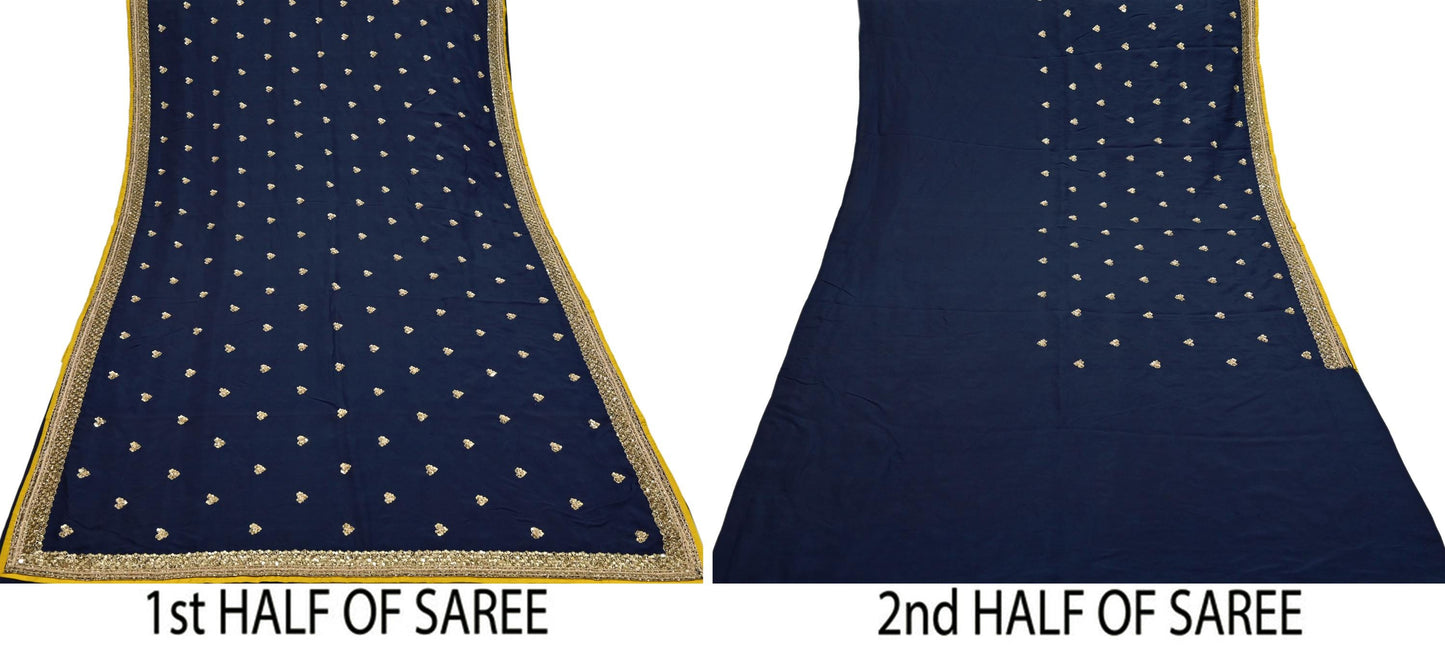 Rare Vintage Deep Blue Pure Silk Saree Zardozi Hand Embroidered Designer Sabyasachi Sari 5.5 Yard Bollywood Party Wear