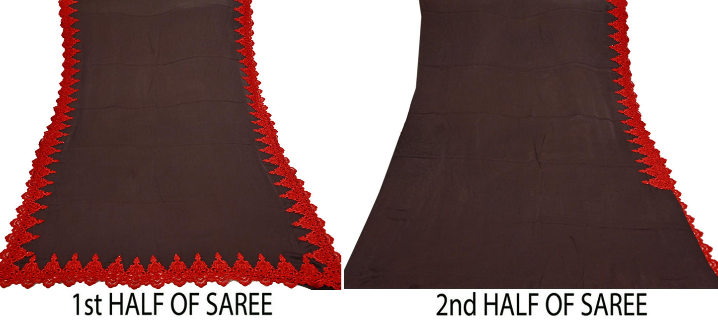 Rare Vintage Brown Pure Satin Silk Saree Hand Embroidered Fabric 5.5 Yards Sari Bollywood Party Wear Ethnic Designer Saree