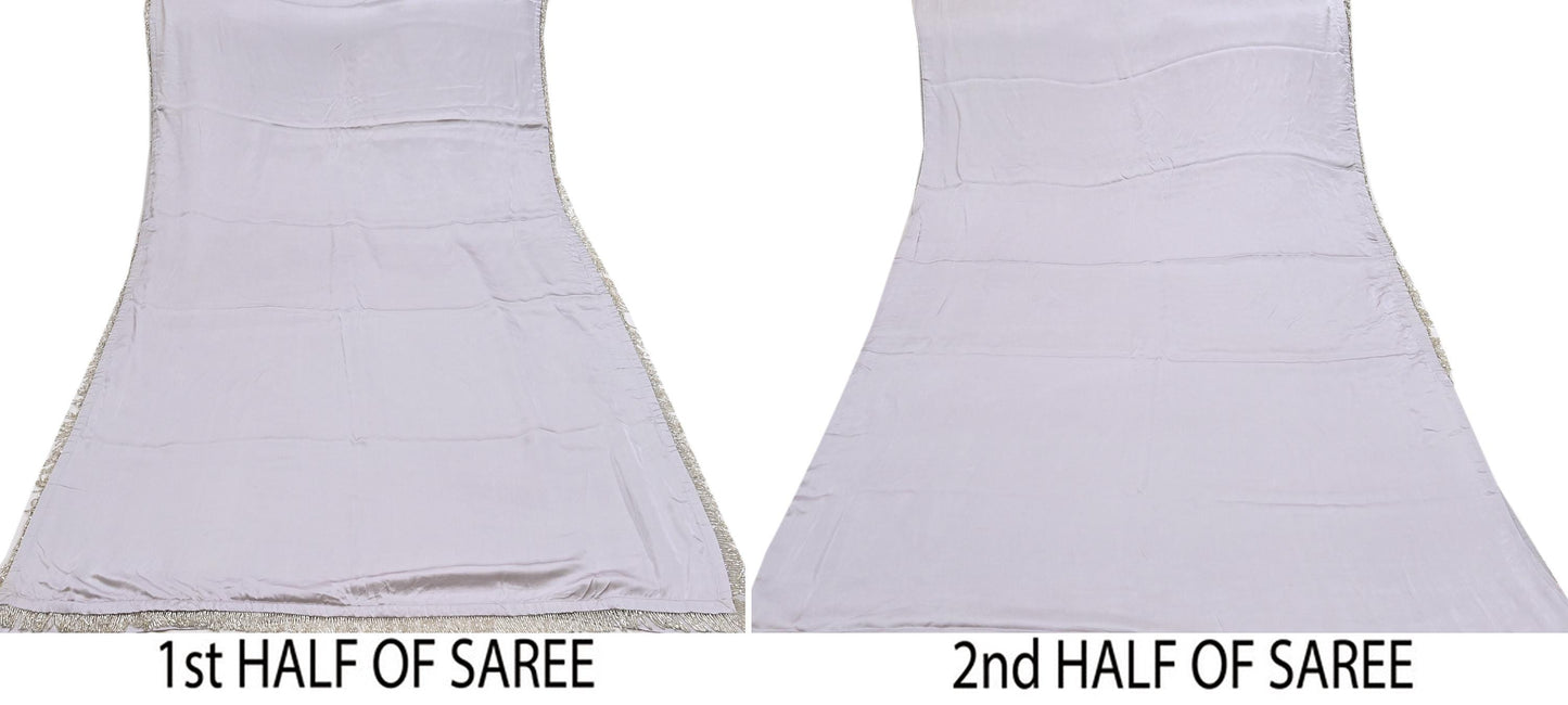 Rare Vintage Gray Pure Satin Silk Saree Hand Embroidered Fabric 5.5 Yards Sari Bollywood Party Wear Ethnic Saree