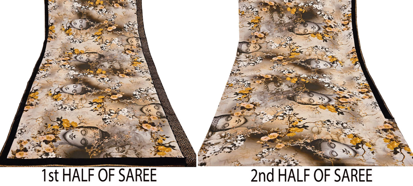 Rare Vintage Gray Pure Satin Silk Saree digital Printed Fabric 5.5 Yards Sari Bollywood Party Wear Ethnic Designer Saree