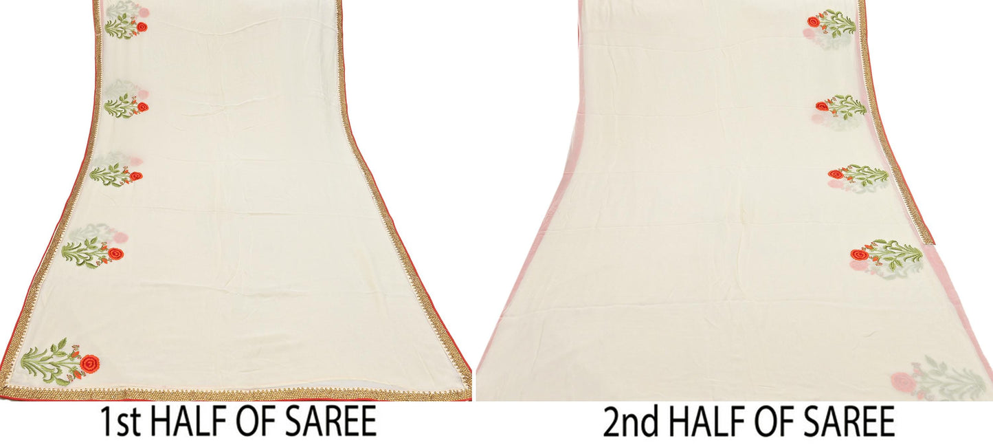 Indian Rare Vintage Zardozi Sarees Ivory Blend Georgette Hand Embroidered Sari Fabric 5.5 Yards Sewing Ethnic saree