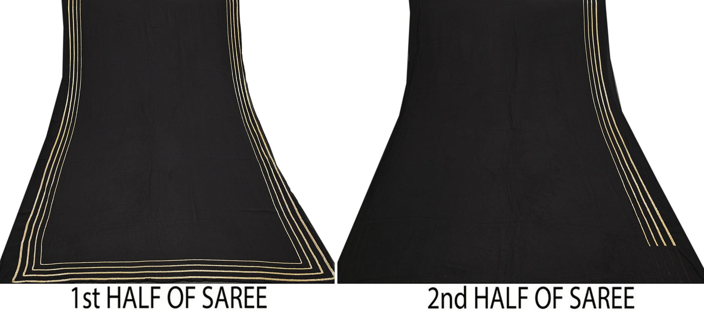 Indian Rare Vintage Black Sarees Blend Georgette Hand Embroidered Sari Fabric 5.5 Yards Sewing Ethnic
