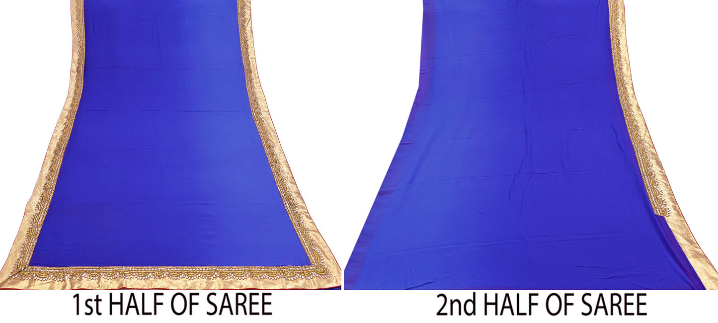Rare Vintage Shades Of Blue Pure Georgette Silk Saree Hand Embroidered Fabric 5.5 Yards Sari Bollywood Party Wear Ethnic Designer Saree