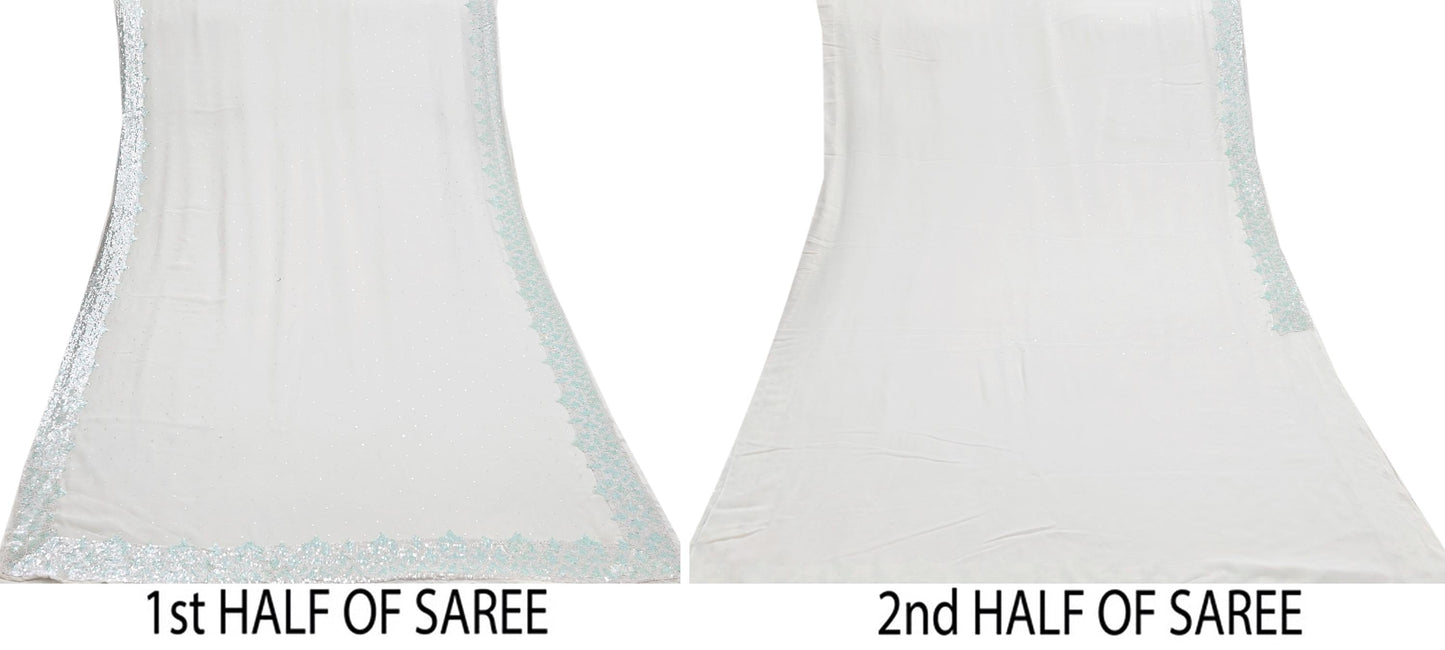 Rare Vintage White Pure Georgette Silk Saree Hand Beaded Abu Jani Designer Sari 6 Yards Bollywood Party Wear Ethnic
