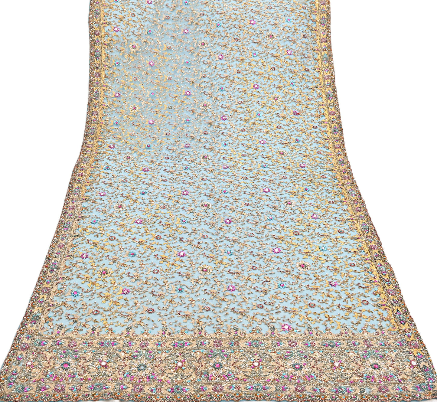 Indian Vintage Heavy Dupatta Blue Net Mesh Long Stole Hand Embroidered Scarves Sequins Glass Bead Wedding veil Wrap Boho