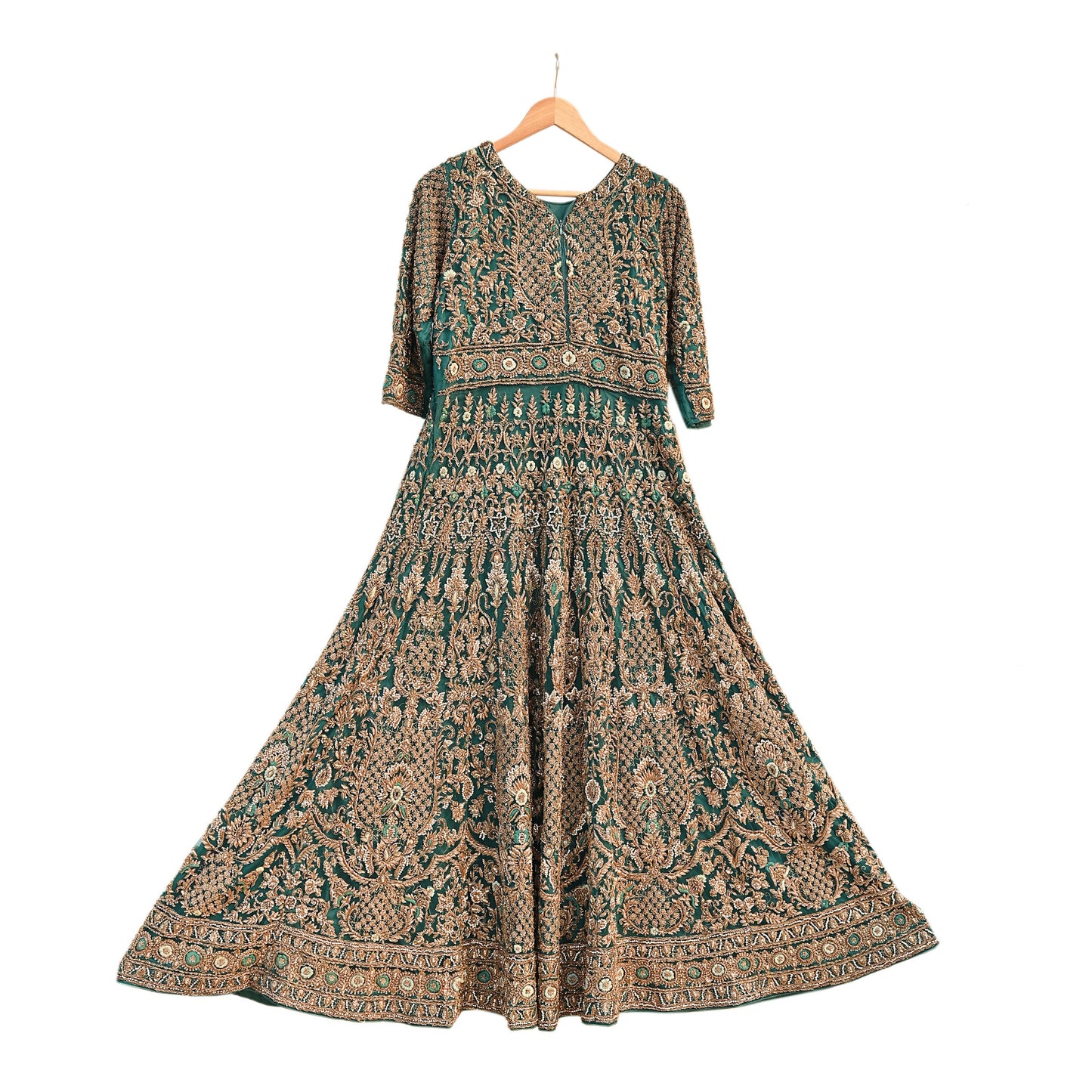 Green Net Anarkali style Gown Vintage Bollywood Dress Zardozi hand Embroidered Floor Length Ethnic Party Wear Wedding Outfit