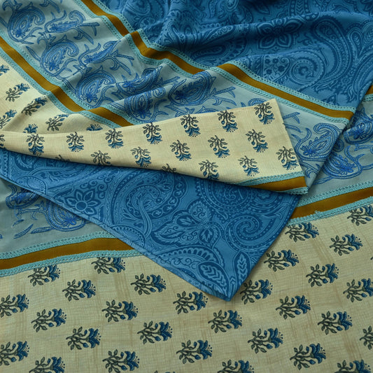 Indian Vintage Blue Saree Pure Crepe Silk Hand Embroidered Sari Craft Fabric 5yd Sewing Floral Sequins Dress making Crafting Quilting